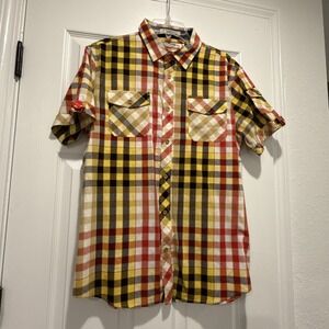 AKOO & Co Trust‎ 80 Short Sleeve Shirt Men's L Button Front Plaid Red & Yellow